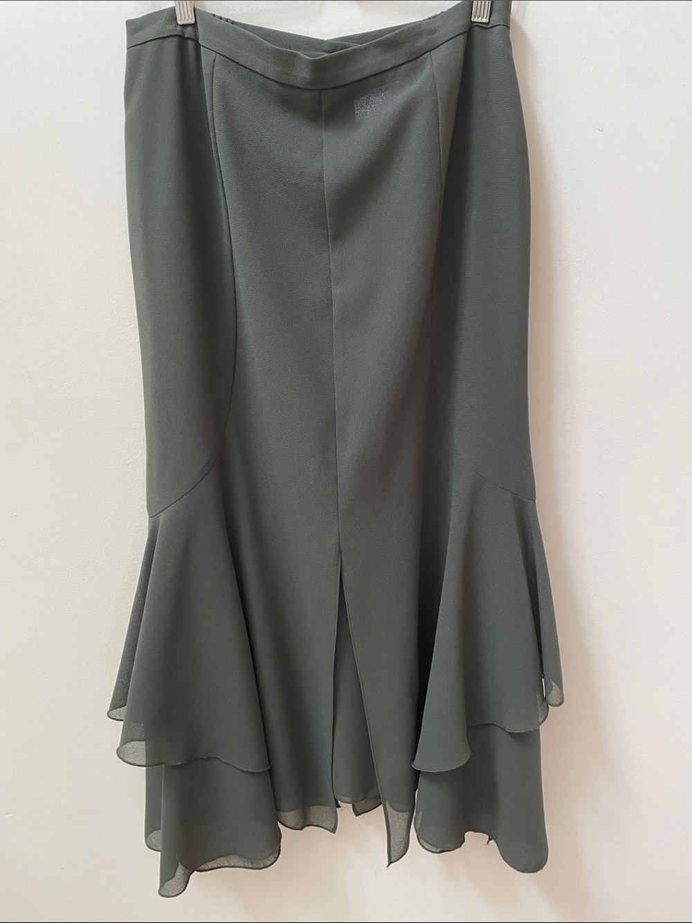 Vintage Flowy Ruffle Hem Midi Skirt - Olive Green